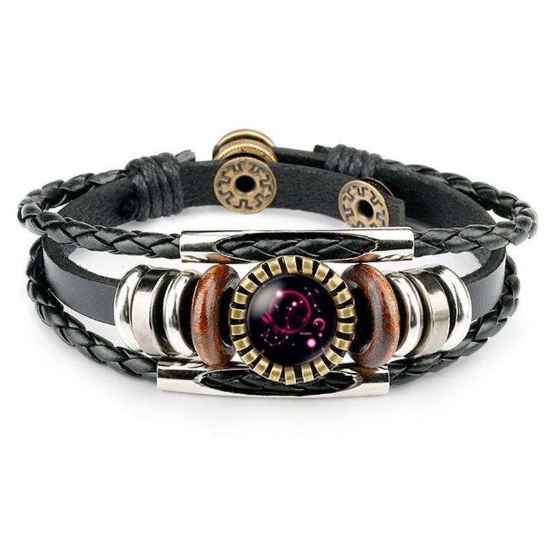 Leather Zodiac Sign Braided Bracelet -Colorful