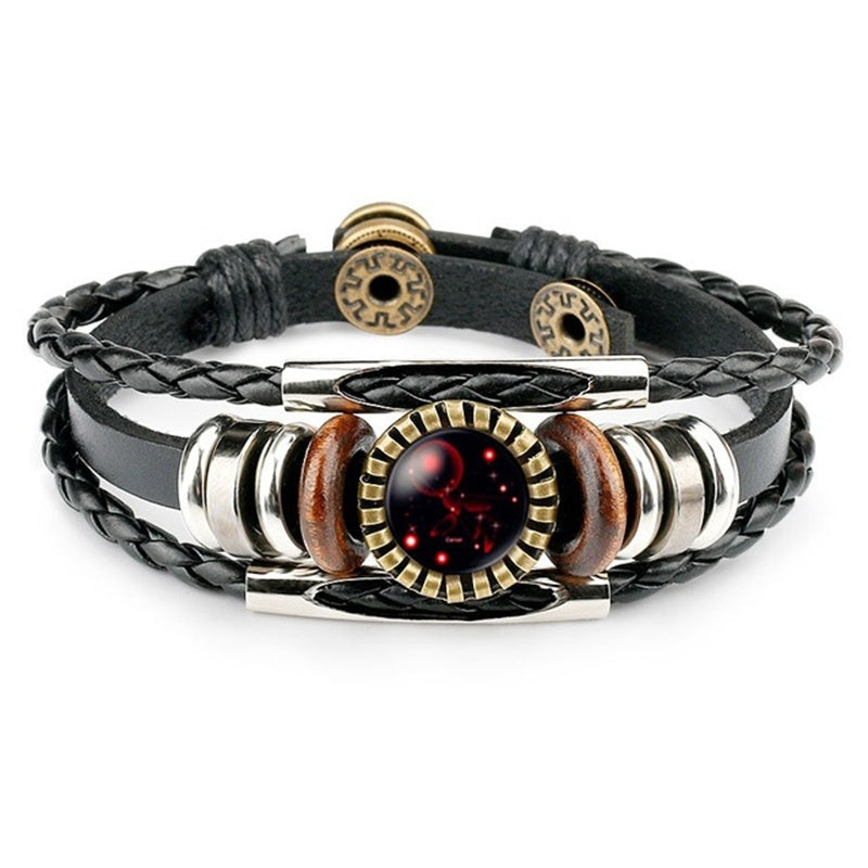 Leather Zodiac Sign Braided Bracelet -Colorful