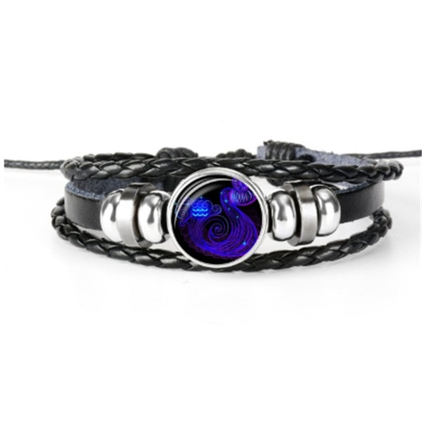 Leather Zodiac Sign Braided Bracelet -Blue
