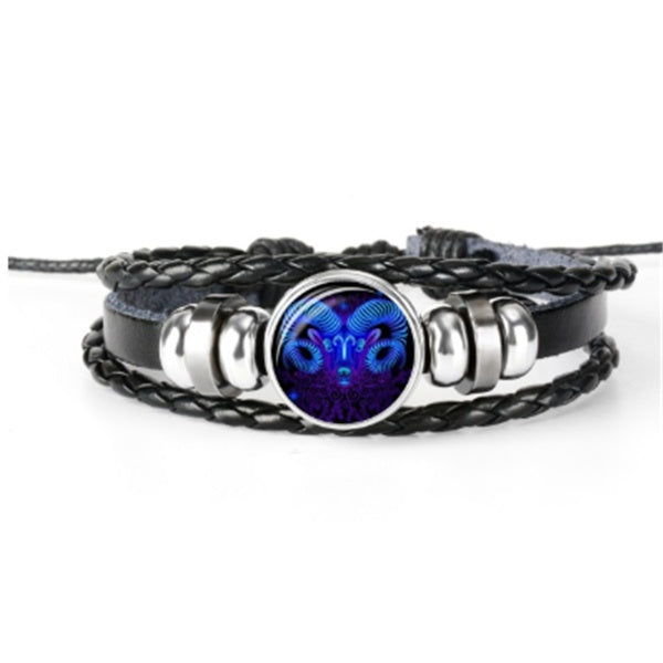 Leather Zodiac Sign Braided Bracelet -Blue