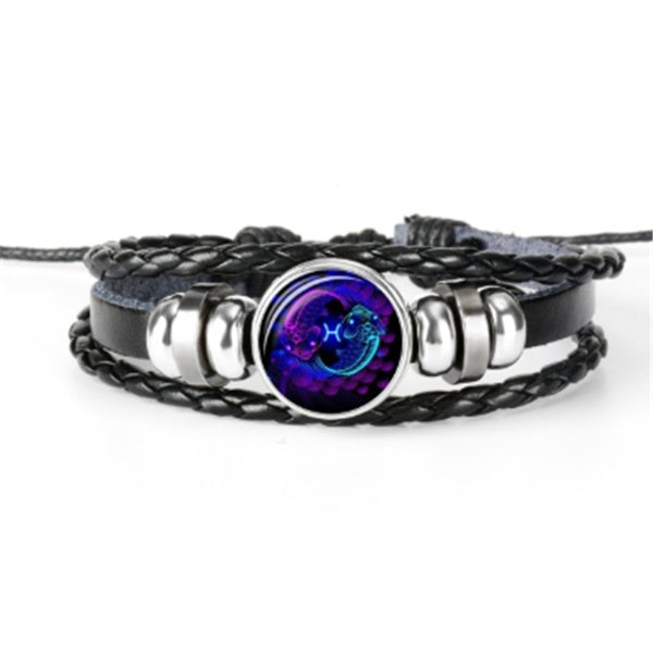 Leather Zodiac Sign Braided Bracelet -Blue