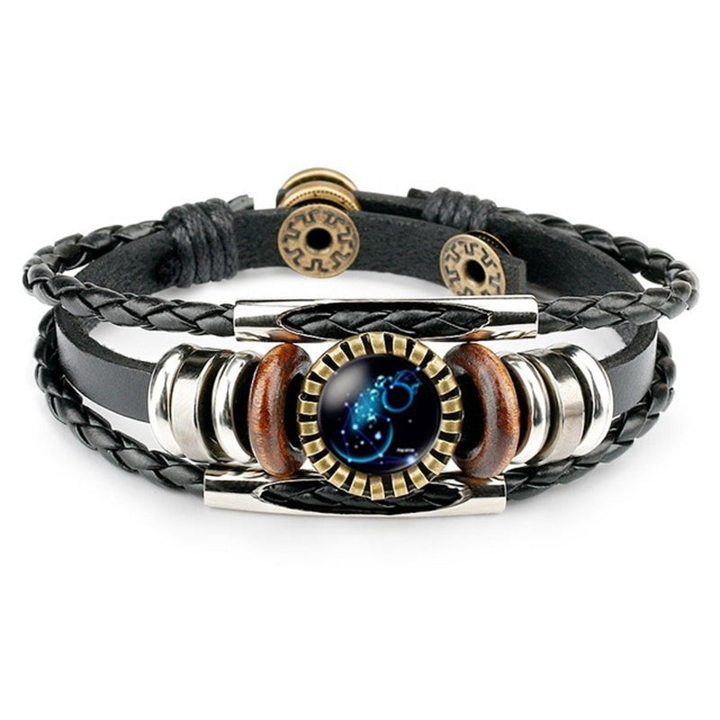 Leather Zodiac Sign Braided Bracelet -Colorful