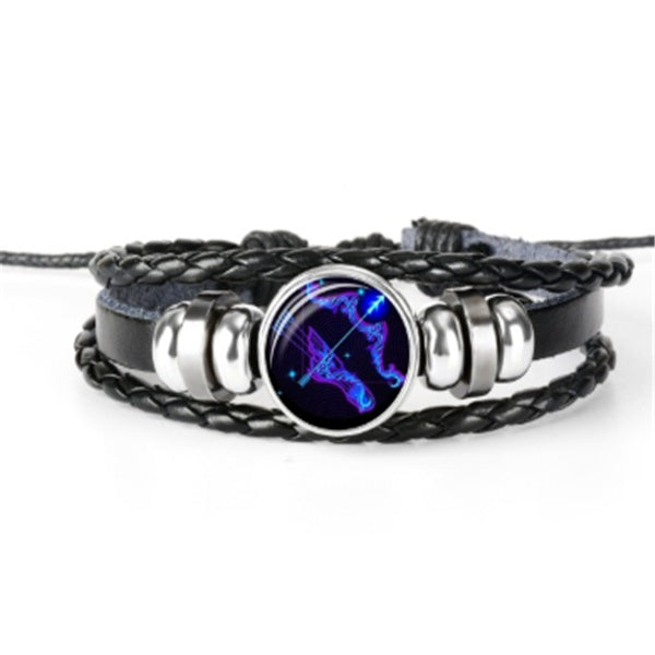Leather Zodiac Sign Braided Bracelet -Blue