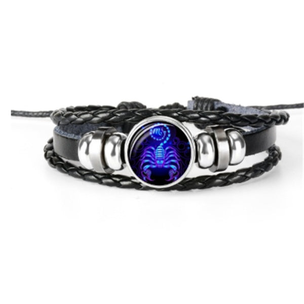 Leather Zodiac Sign Braided Bracelet -Blue