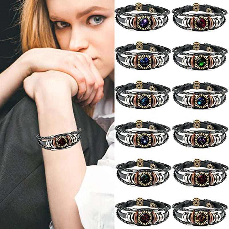 Leather Zodiac Sign Braided Bracelet -Colorful