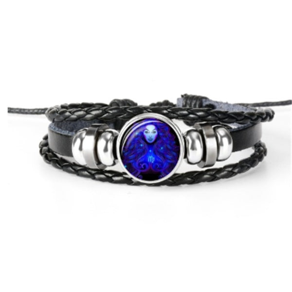 Leather Zodiac Sign Braided Bracelet -Blue