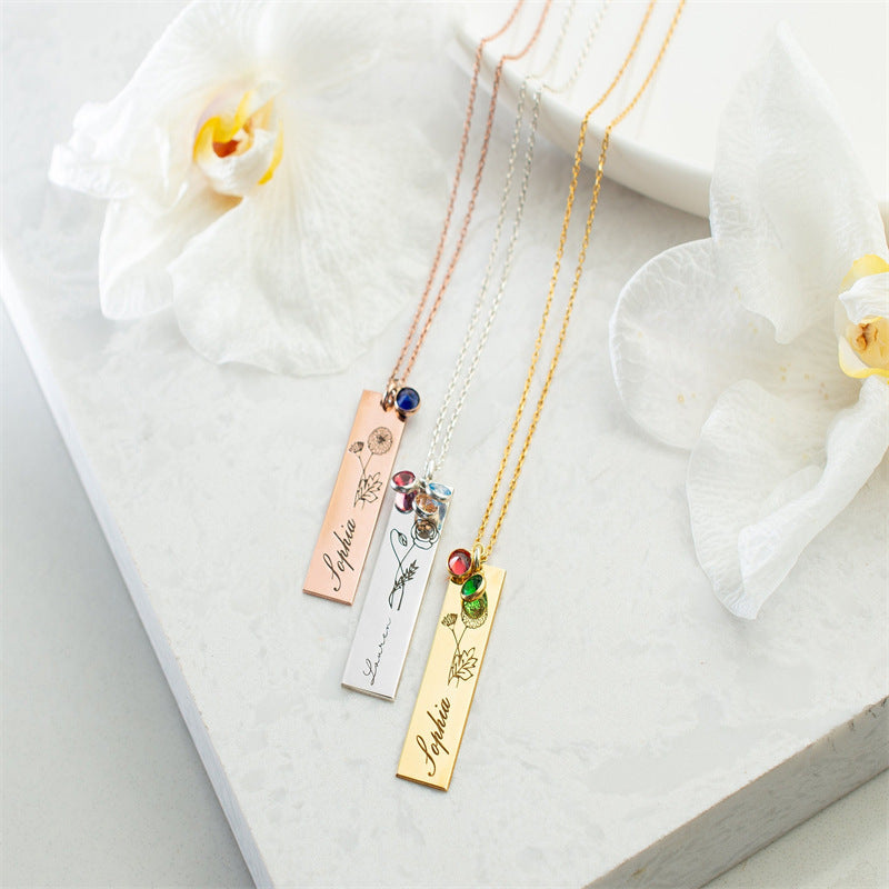 Personalized Month Birthday Flower Stone Necklace