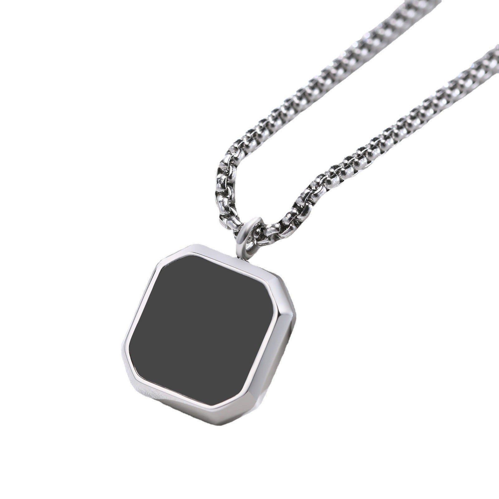 Stainless Steel Square Plate Pendant Black Epoxy Necklace