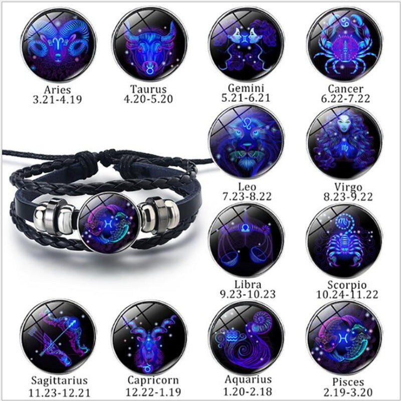 Leather Zodiac Sign Braided Bracelet -Blue