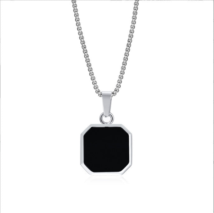 Stainless Steel Square Plate Pendant Black Epoxy Necklace