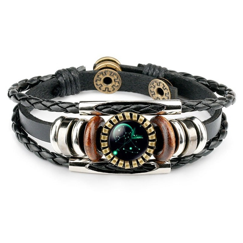 Leather Zodiac Sign Braided Bracelet -Colorful