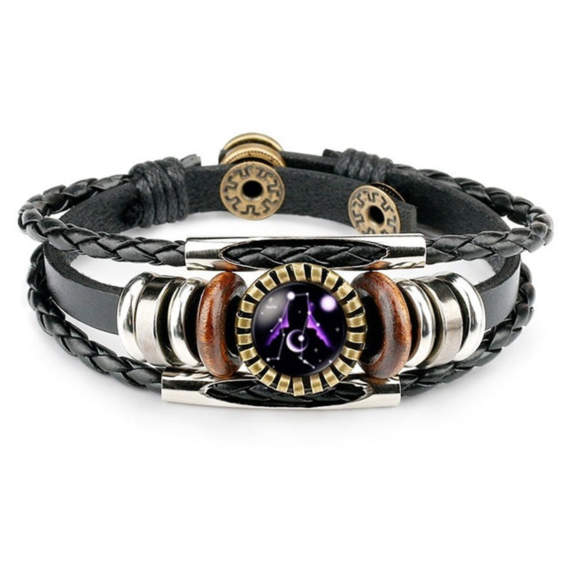 Leather Zodiac Sign Braided Bracelet -Colorful