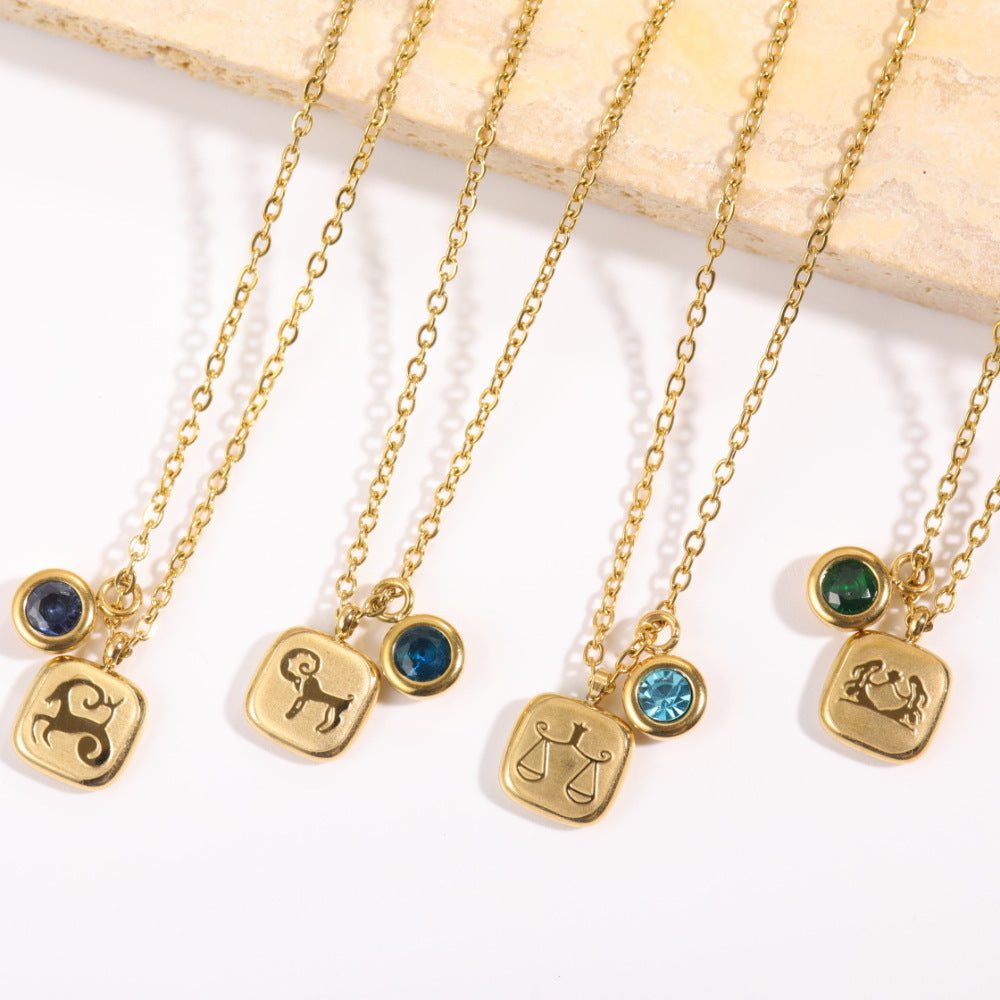 Squircle Constellation Zodiac Birthstone Necklace