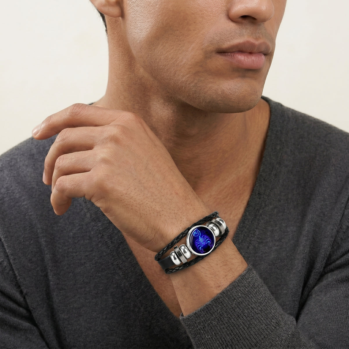 Leather Zodiac Sign Braided Bracelet -Blue