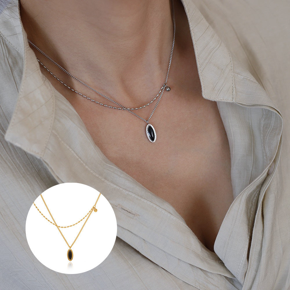 French Oval Black Stone Necklace