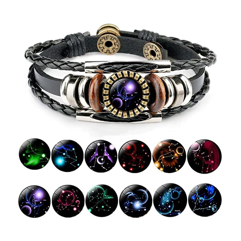 Leather Zodiac Sign Braided Bracelet -Colorful