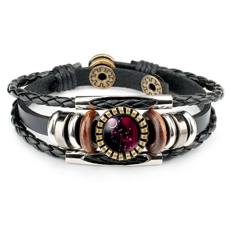 Leather Zodiac Sign Braided Bracelet -Colorful