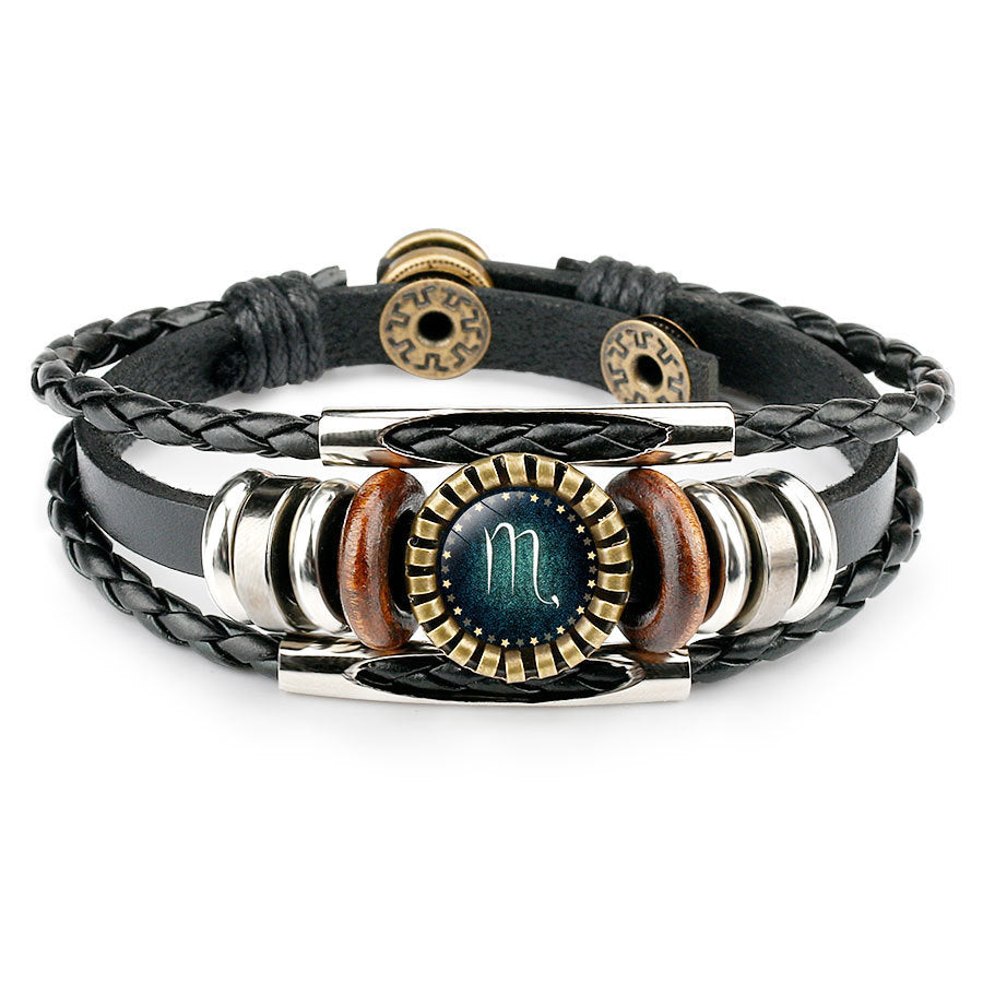Leather Zodiac Sign Braided Bracelet -Green