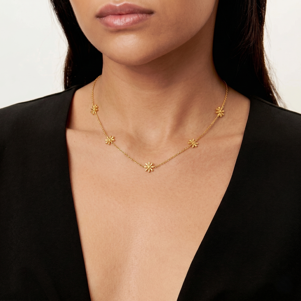 8 Petal Flower Necklace worn by a human model