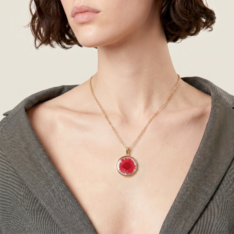 Effervescent Preserved Flower Necklace worn by a human model