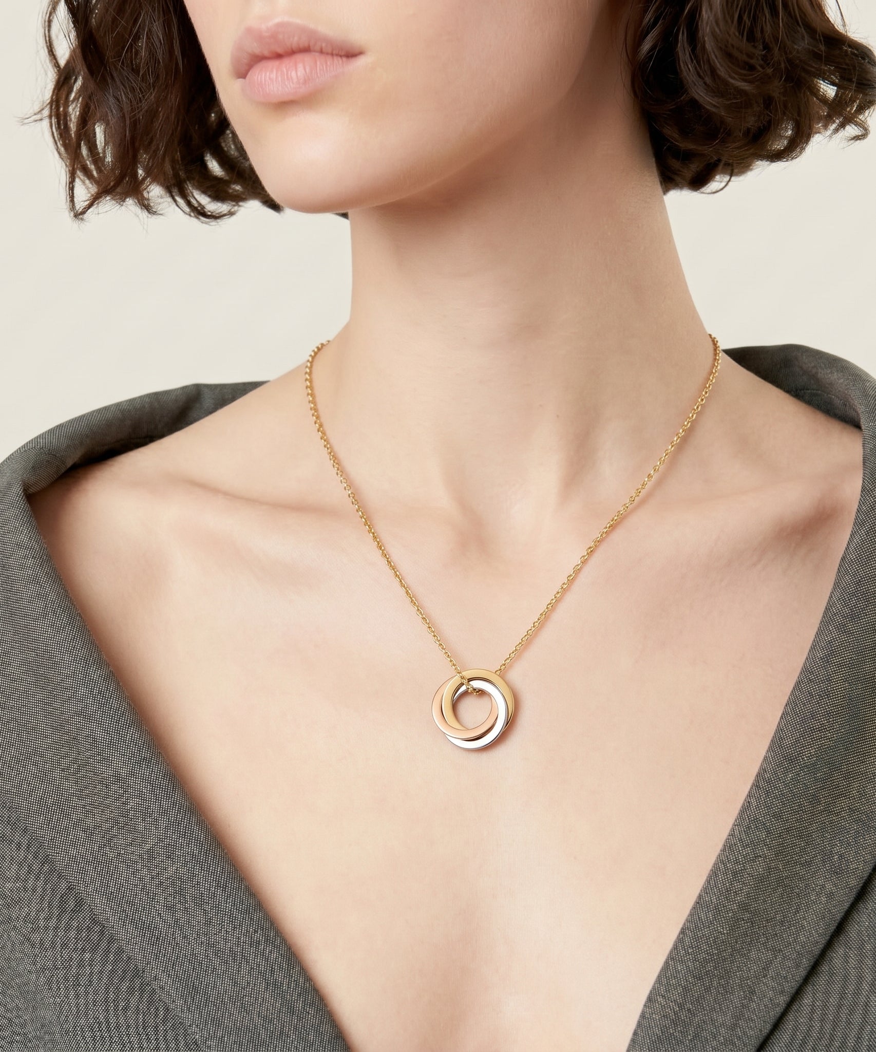 Customized Three Ring Tricolor Names Necklace worn by a human model