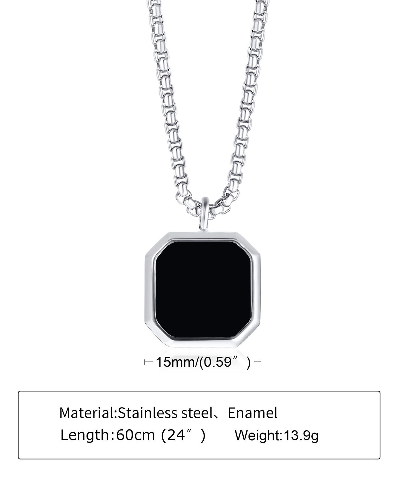 Stainless Steel Square Plate Pendant Black Epoxy Necklace