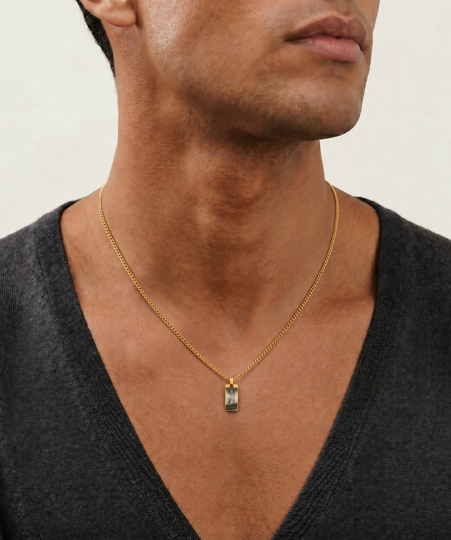 Customized Eyes Photo Necklace worn by a human model
