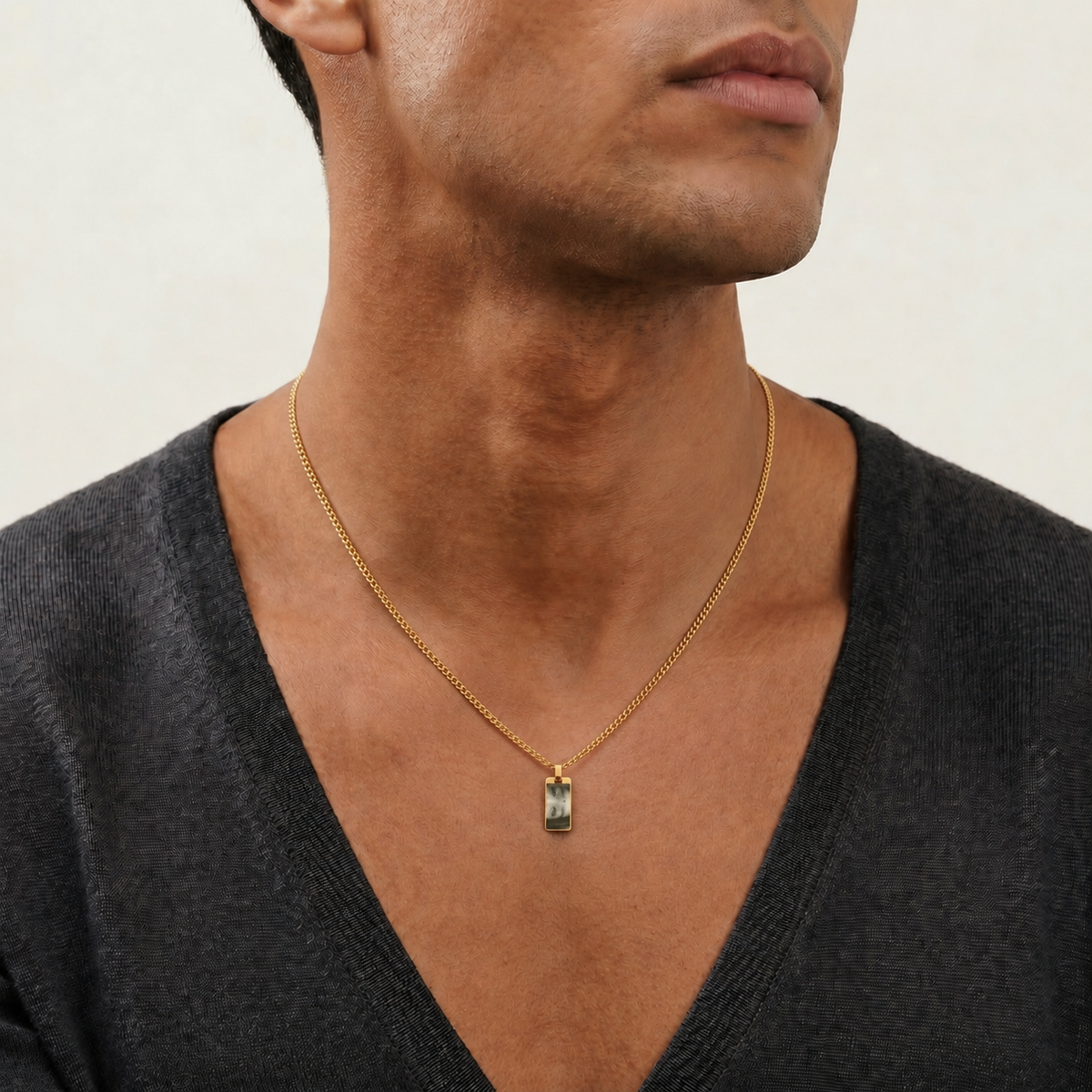 Customized Eyes Photo Necklace worn by a human model
