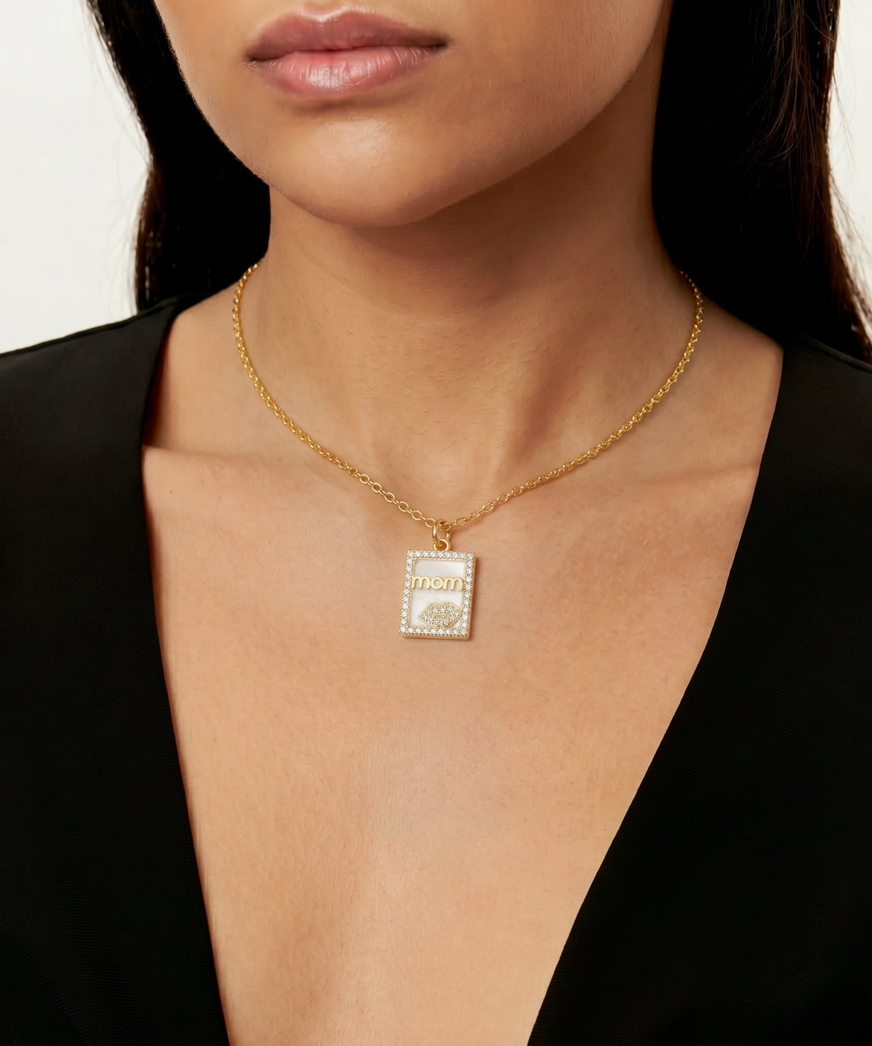 Milestone mom/Mama Necklace worn by a human model
