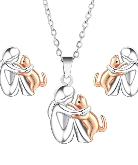 Little Girl Hugs Her Kitty Necklace