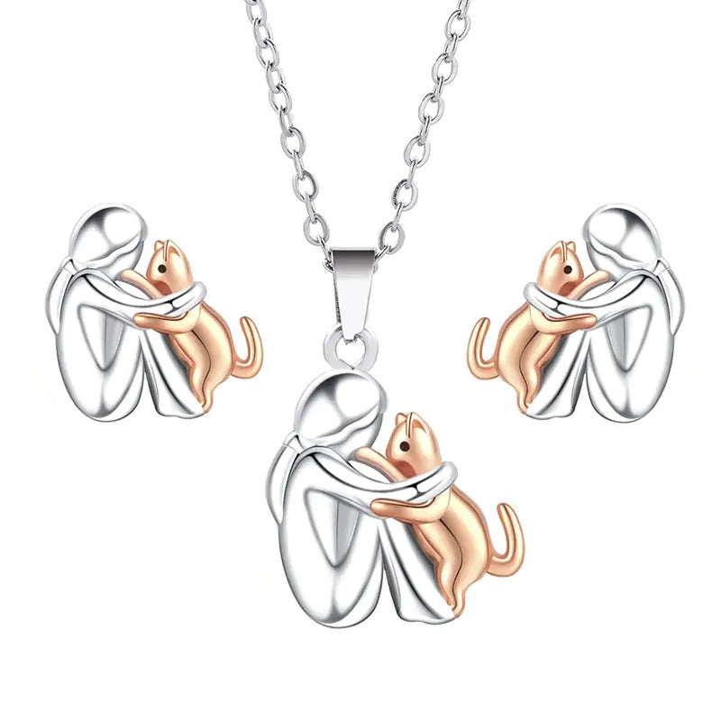 Little Girl Hugs Her Kitty Necklace