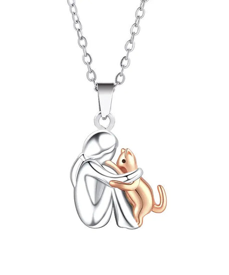 Little Girl Hugs Her Kitty Necklace