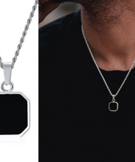 Stainless Steel Square Plate Pendant Black Epoxy Necklace