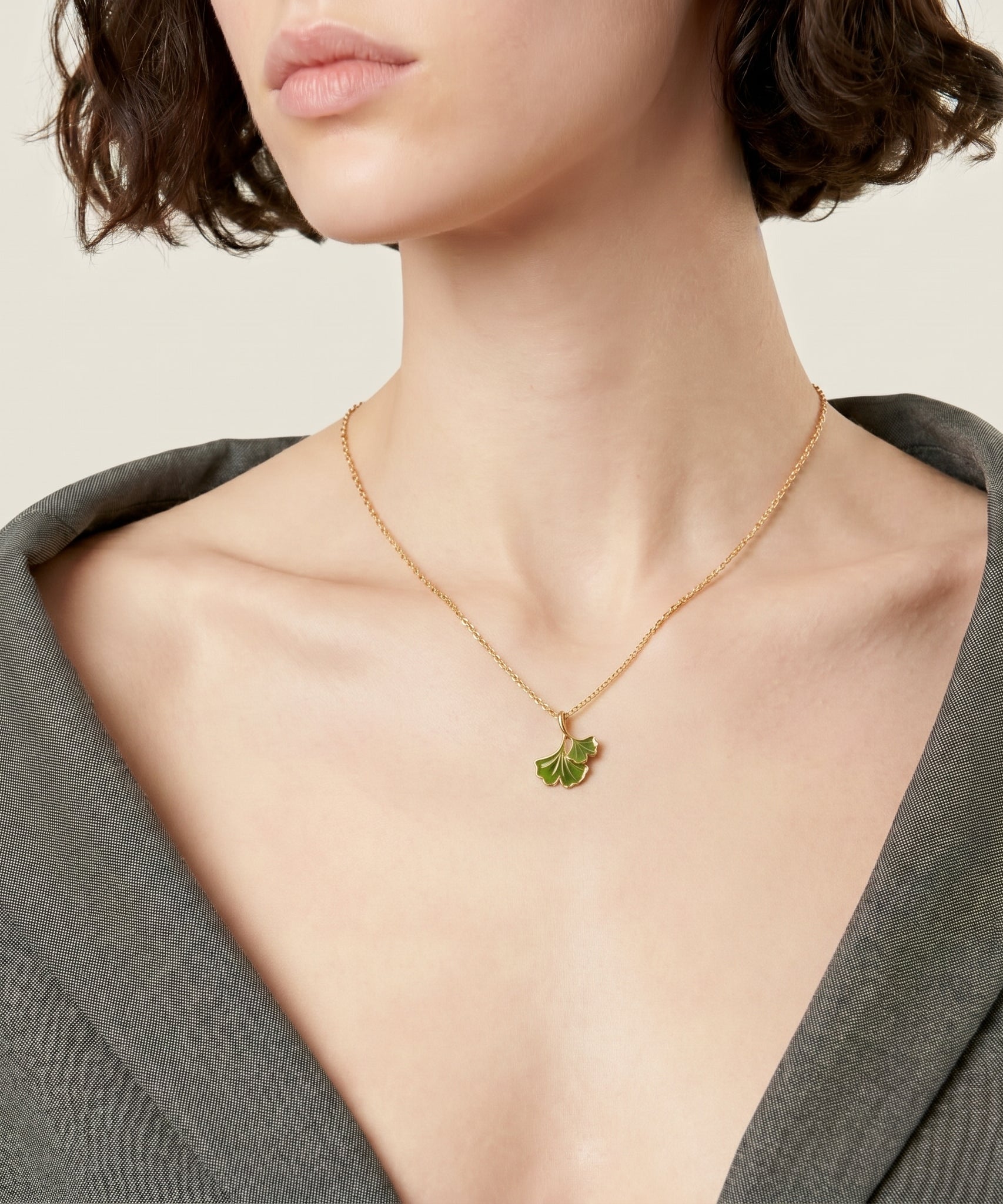 Autumn Winds Ginkgo Biloba Leaf Necklace worn by a human model