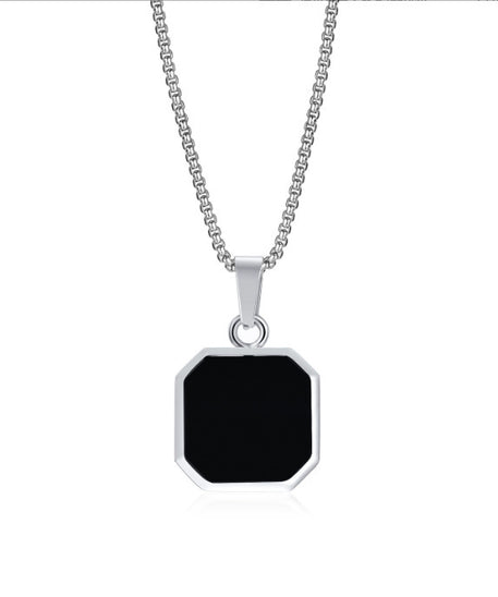 Stainless Steel Square Plate Pendant Black Epoxy Necklace