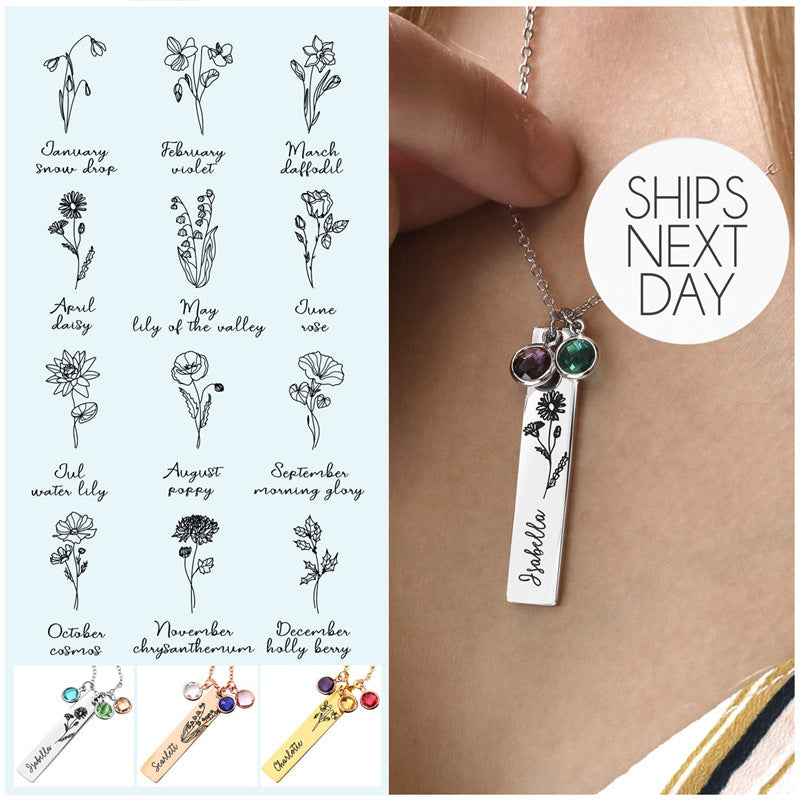 Personalized Month Birthday Flower Stone Necklace