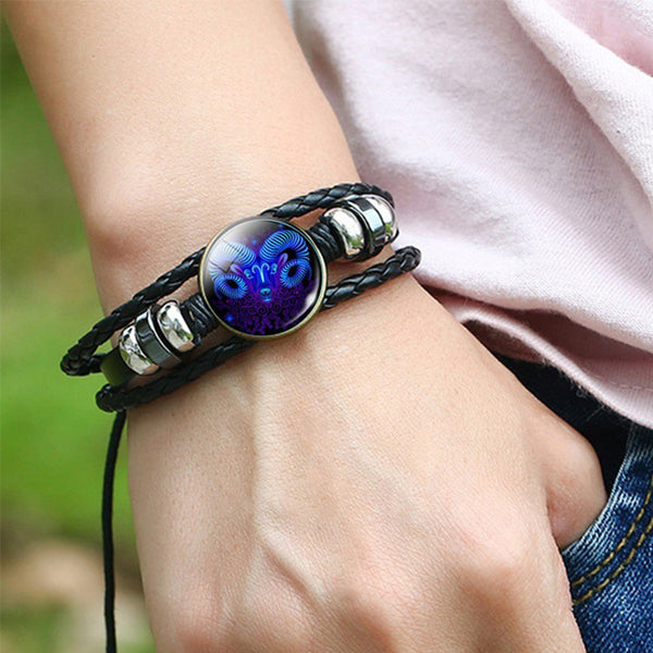 Leather Zodiac Sign Braided Bracelet -Blue