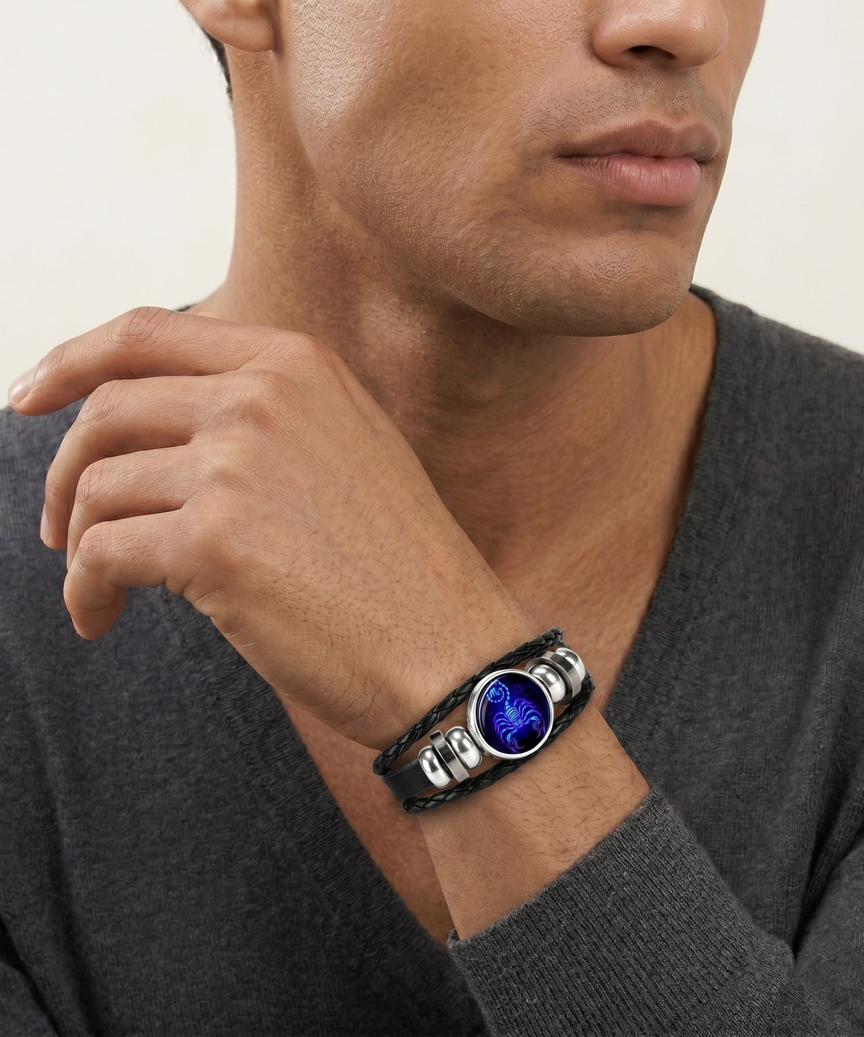 Leather Zodiac Sign Braided Bracelet -Blue
