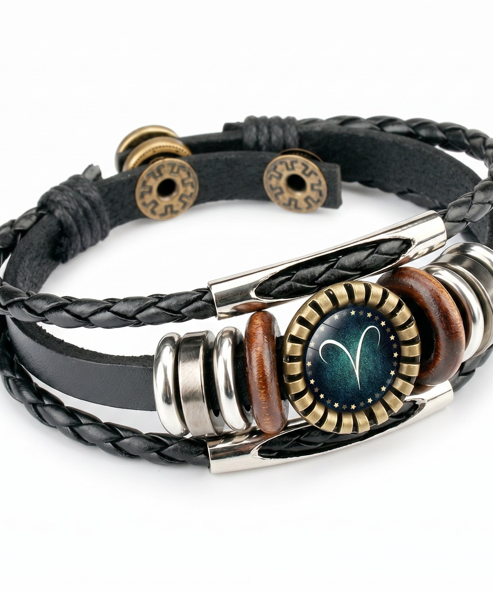 Leather Zodiac Sign Braided Bracelet -Green