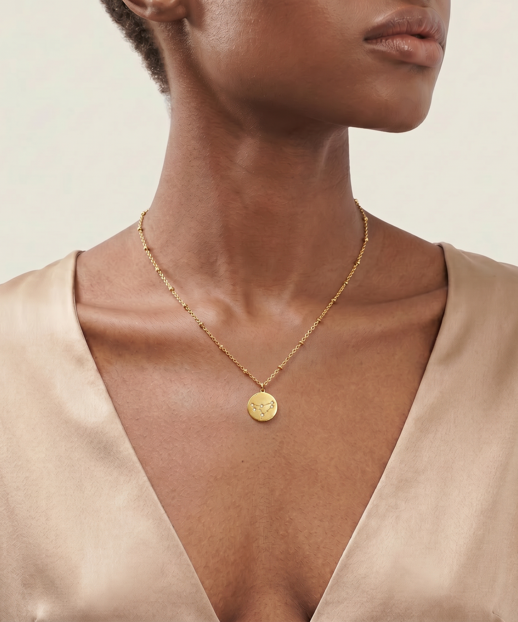 Hypnotic Constellation Round Necklace worn by a human model
