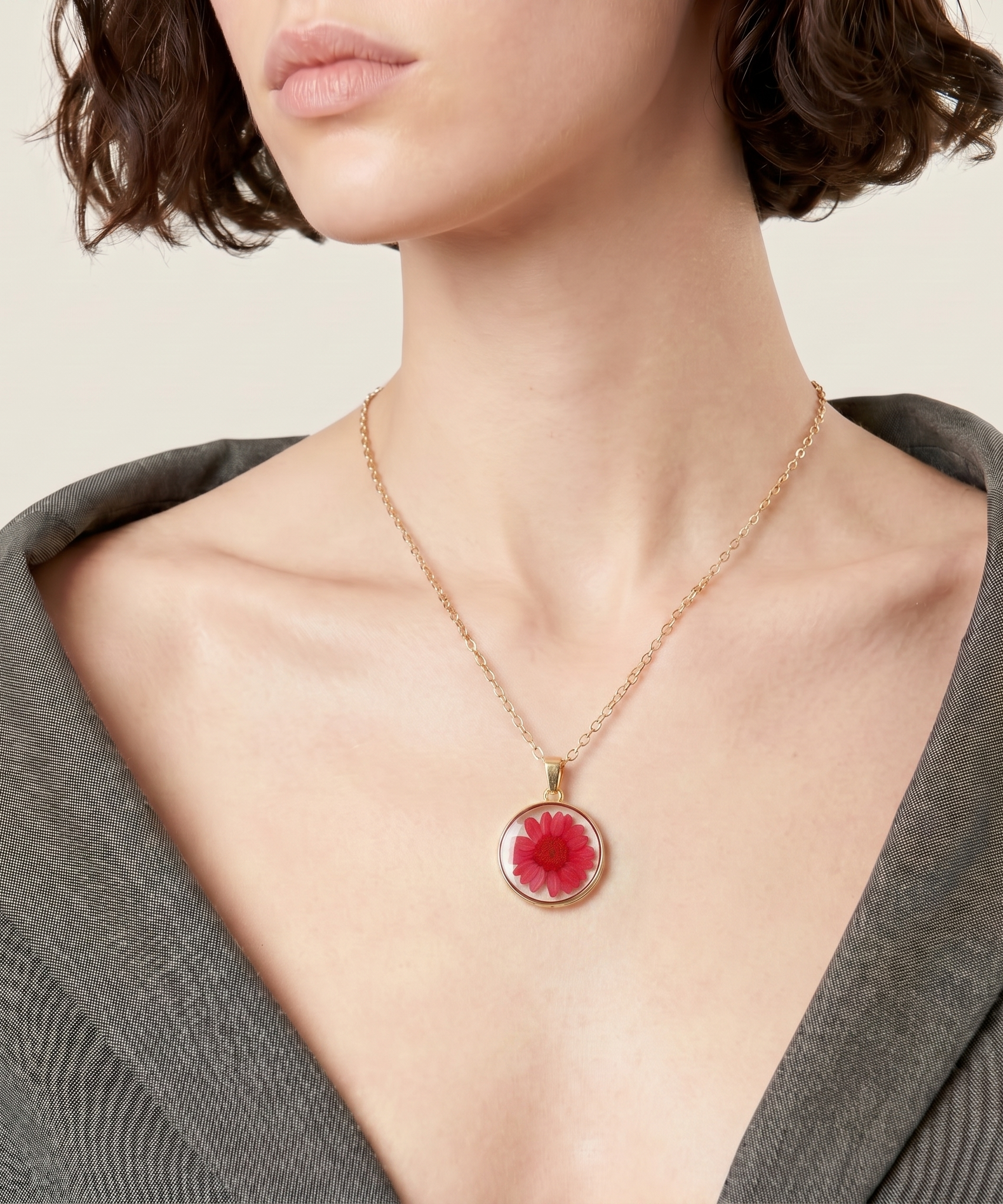Effervescent Preserved Flower Necklace worn by a human model