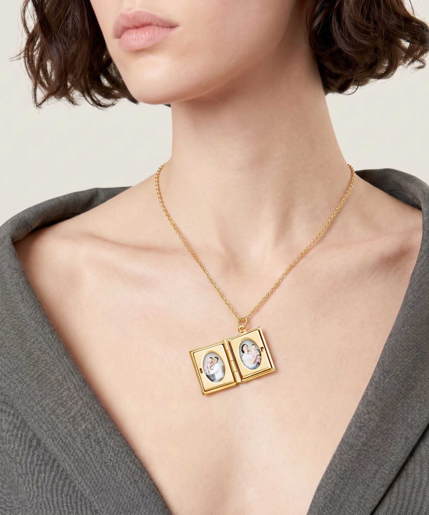 Couple Book Necklace worn by a human model